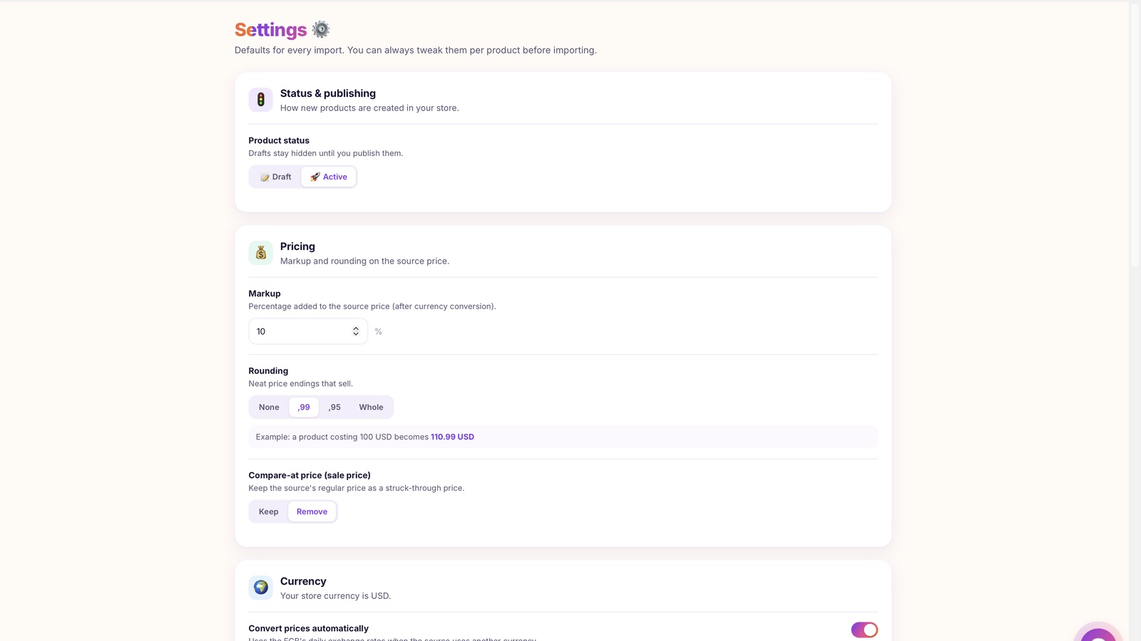 Pricing rules in settings